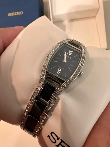 Seiko Women's Solar Watch SUP223 Black Ceramic & Crystal Bracelet NIB Swarowski