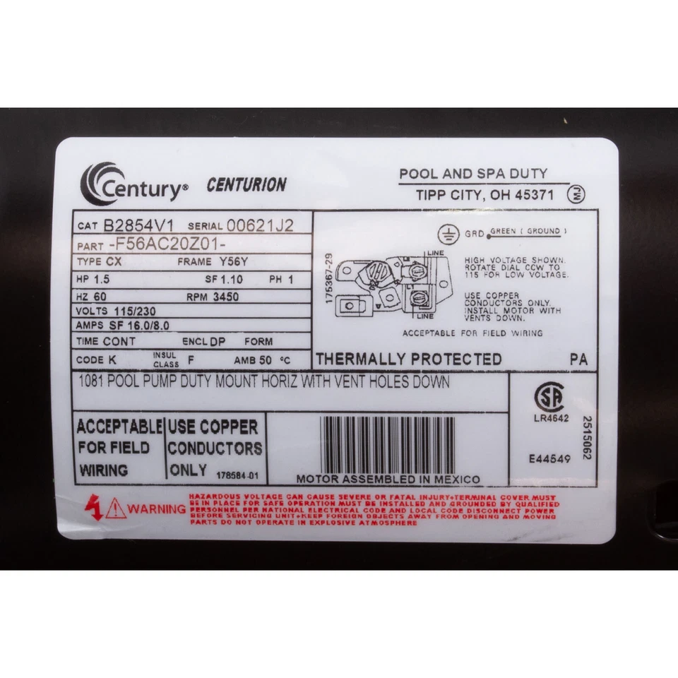 B2854V1 Motor, Century, 1.5hp, 115/230v, 16/8Amp, 1-Speed, 56Fr - Image 3 of 4