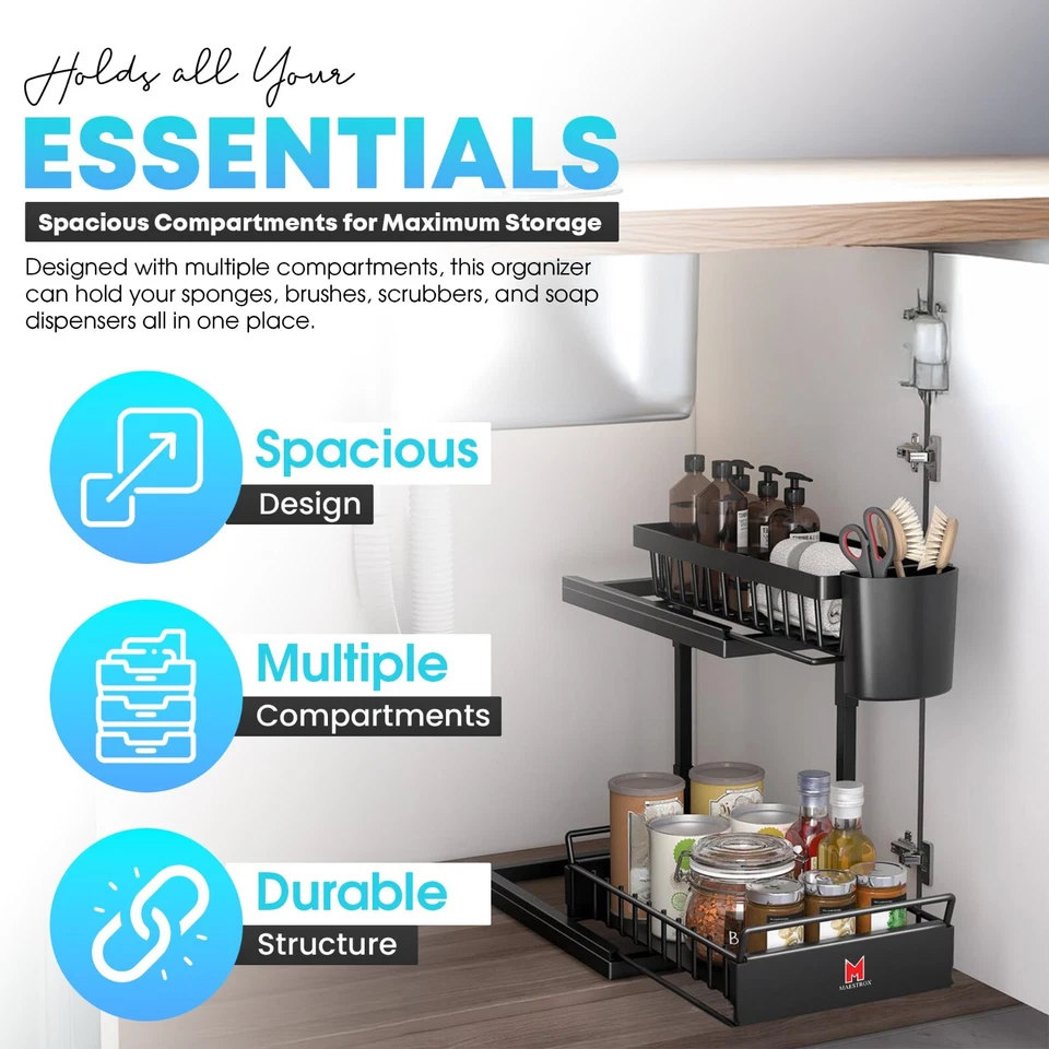 Cajón de almacenamiento deslizante organizador debajo del fregadero de 2 niveles para gabinete de baño de cocina Foto 3 de 4