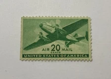 Rare - 1941 U.S. Air Mail Transport 20 Cents Stamp Bright Green Mint Hinged OG.