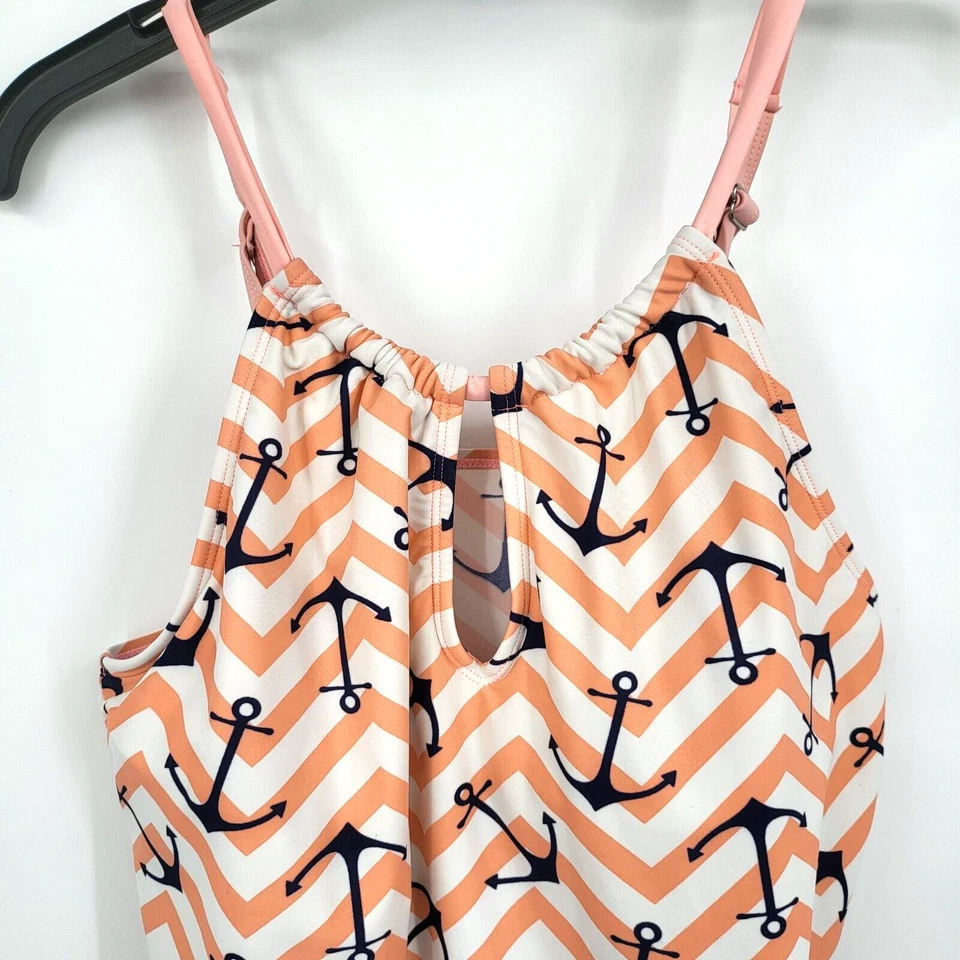 Tankini Size XL Coral Blue Anchor Pattern Keyhole Removeable Pads Swim Top - Image 2 of 4
