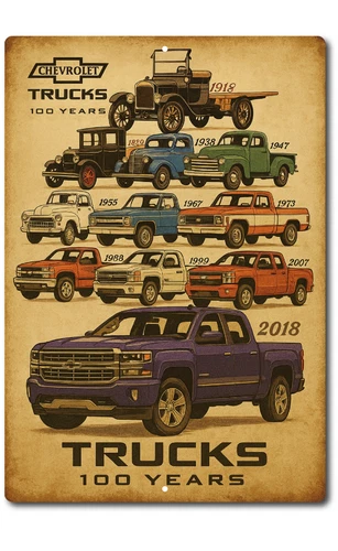 Truck History Sign 100 Years of Chevy Trucks Vintage Look  Bar Workshop Garage