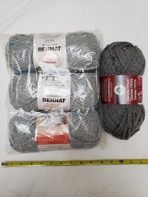 4 Skeins Bernat Softee Chunky Tweed + Loops & Threads Charisma Tweed Yarns! Gray