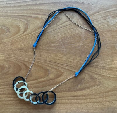 Resin Acrylic Blue Black Ivory Statement Necklace Jewelry Rope W Rings