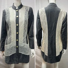 Chico's 0 (Women's Small) Gray Velvet White Crochet Lace Victorian Jacket