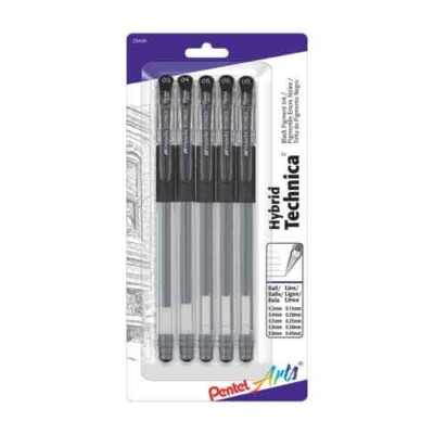 Pentel Arts Hybrid Technica Gel Pen .3mm To .8mm Black 5/Pk Sketch Draw School