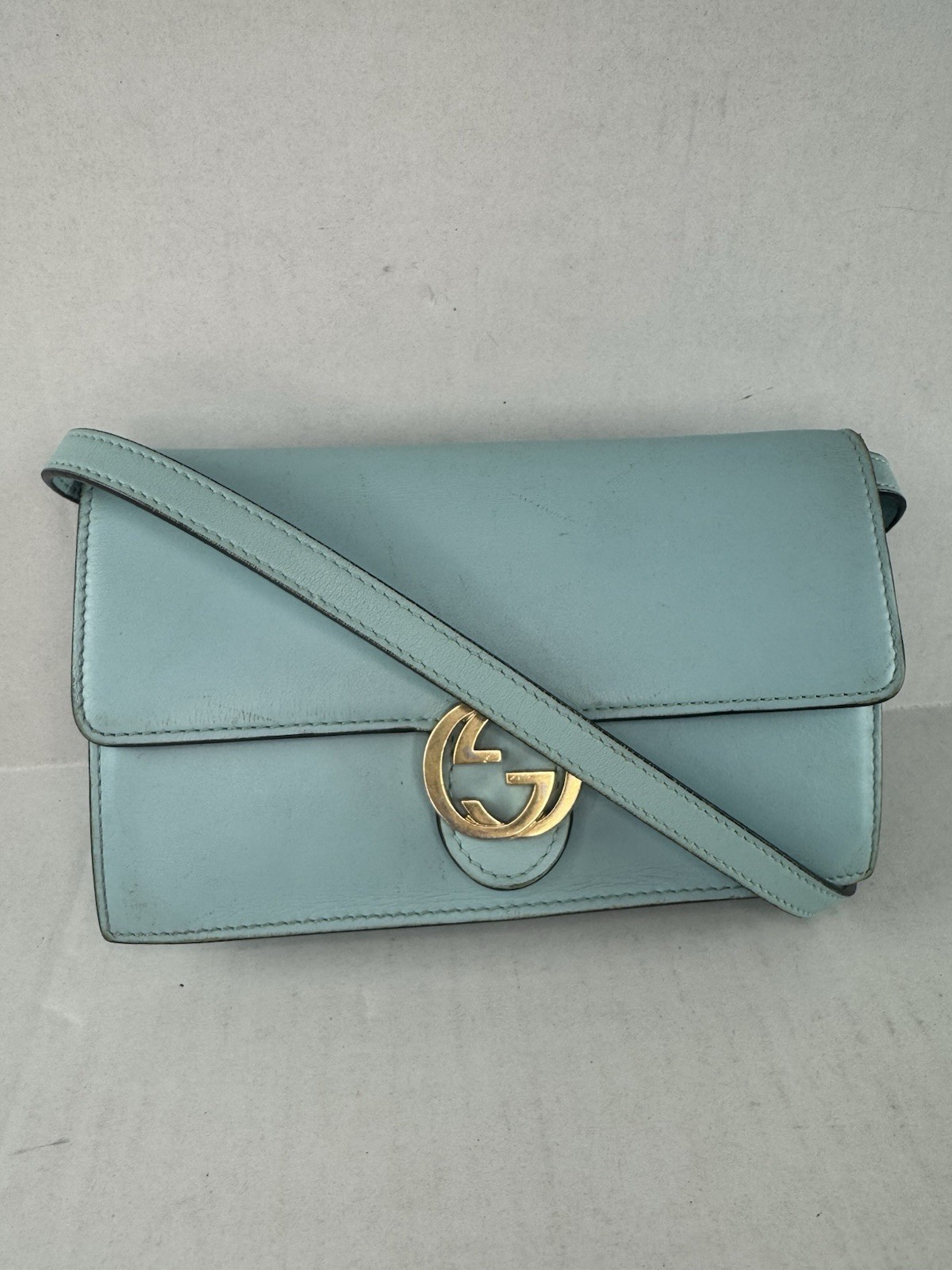 Gucci Authentic Blue Leather Crossbody Bag with Wallet