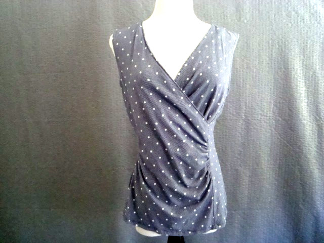 Talbots  Blue Polka Dot Sleeveless Side Ruched V-Neck Cotton Wrap Top sz M