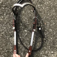 USED QUALITY V-BROW WESTERN LEATHER MORAN STERLING SILVER SHOW HEADSTALL HORSE
