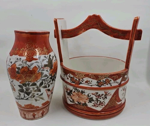 Antique Meiji Period Satsuma Vase & Well Bucket Hand-Painted, Porcelain lot of 2