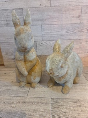 Set Of 2 Resin Rustic Bunnies New Easter Rabbits Farmhouse Decor Faux Store 