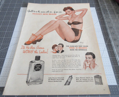 1946 Mennen Skin Bracer Sexy Woman in Swimsuit After Shave, Vintage Print Ad