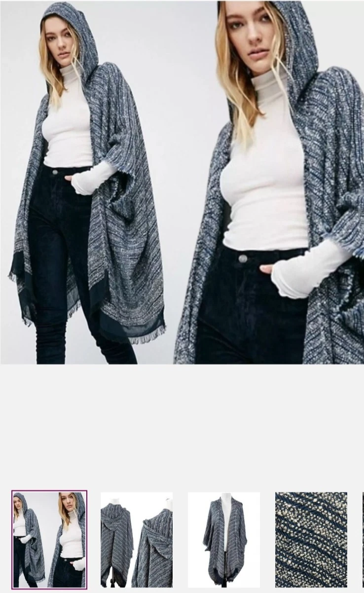 Free People "All I Need" hooded poncho cardigan navy tweed OS Raw Hem Cape Shawl