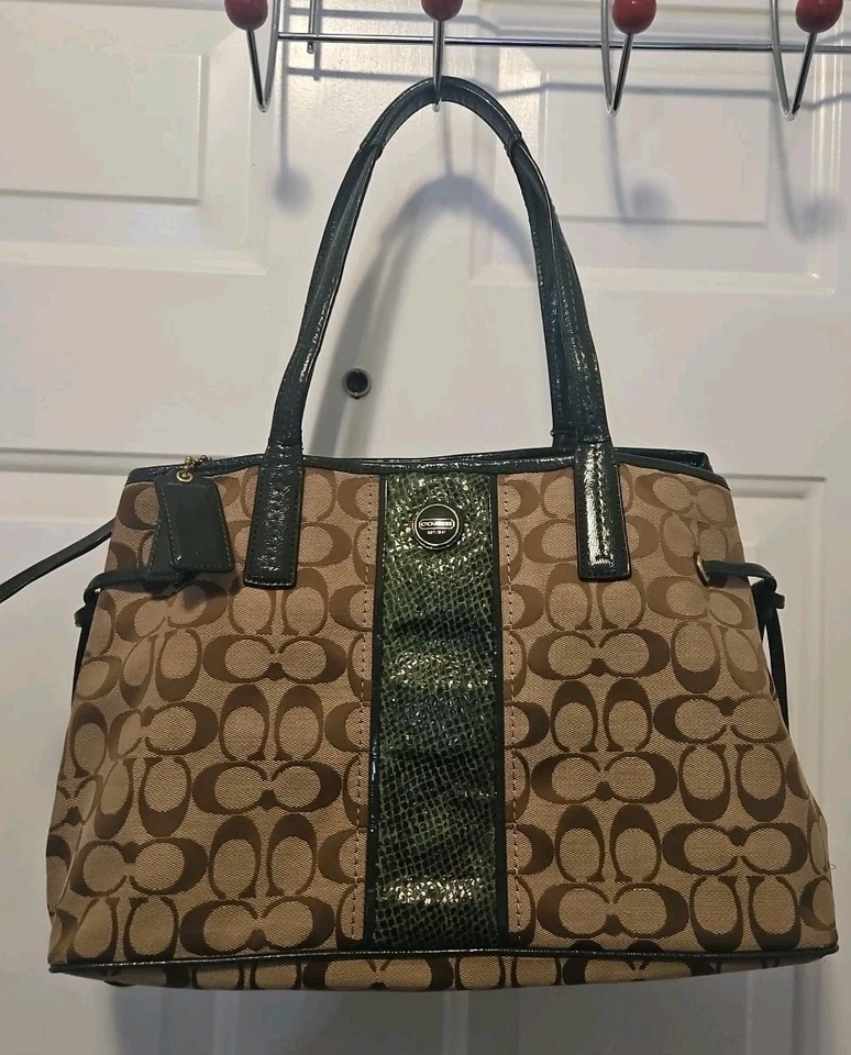 Coach Signature H1380-F24882 Handbag Tote Bag Green Python Stripe canvas leather