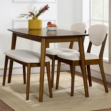 4-Piece Mid-Century Modern Wood Dining Kitchen Table & Chair Set W/ 2 Upholstere