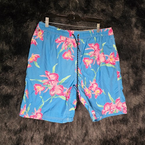 Tommy Hilfiger Swim Trunks Lined Board Shorts Large Pink Blue Hibiscus