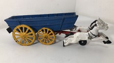 Antique Cast Iron Two Horses Drawn Blue Covered Wagon Toy