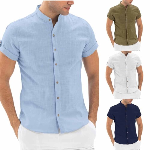 Men Short Sleeve Shirts Beach Loose Casual Stand Collar Blouse-Tee-Tops