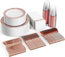 350 Piece Rose Gold Dinnerware Set for 50 Guests, Gold Plastic Disposable Plates