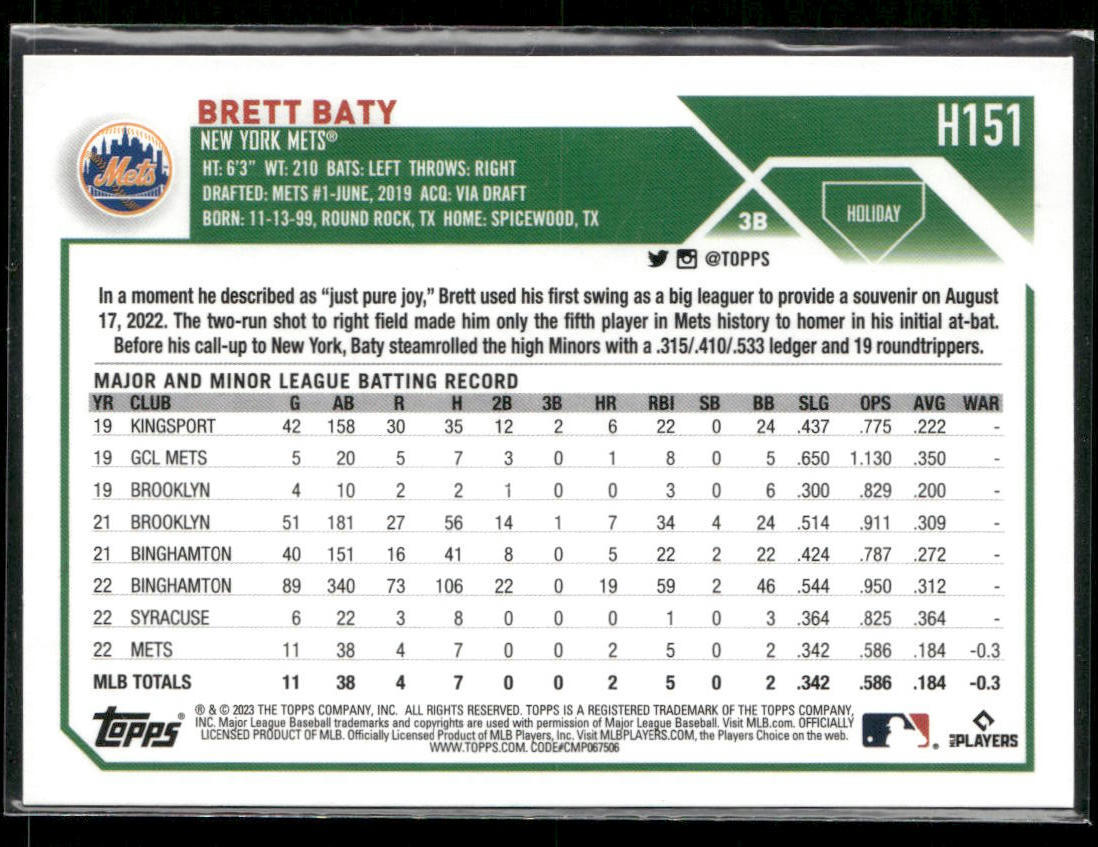 2023 Topps Holiday #H151 Brett Baty New York Mets RC