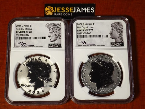 2024 S REVERSE PROOF SILVER PEACE & MORGAN DOLLAR NGC PF70 FDI MERCANTI SIGNED