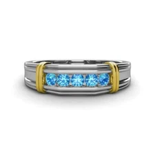 Round Blue Topaz 5 Stone Men Wedding Ring 1/2 ctw in 14K Gold JP:261746