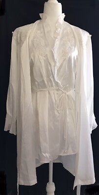 Linea Donatella Lingerie Sheer Satin White Baby Doll Nightie Robe 3 Pc Set NWT S