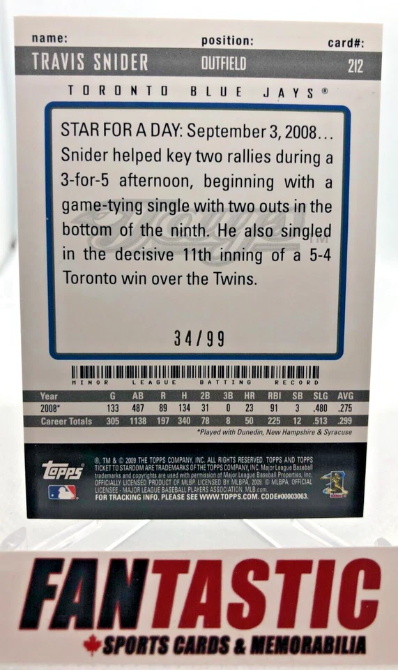 Travis Snider RC BLUE /99 #212 2009 Topps Ticket to Stardom Blue Jays - Image 2 of 2