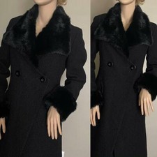 ($298) Unique Guess By Marciano Asymmetrical Black Wool Coat Faux Fur Trim S