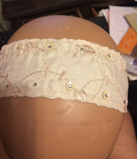 Retro Beige Embroidered Cotton w/ Sequin Headband - elasticized back - Size S/M
