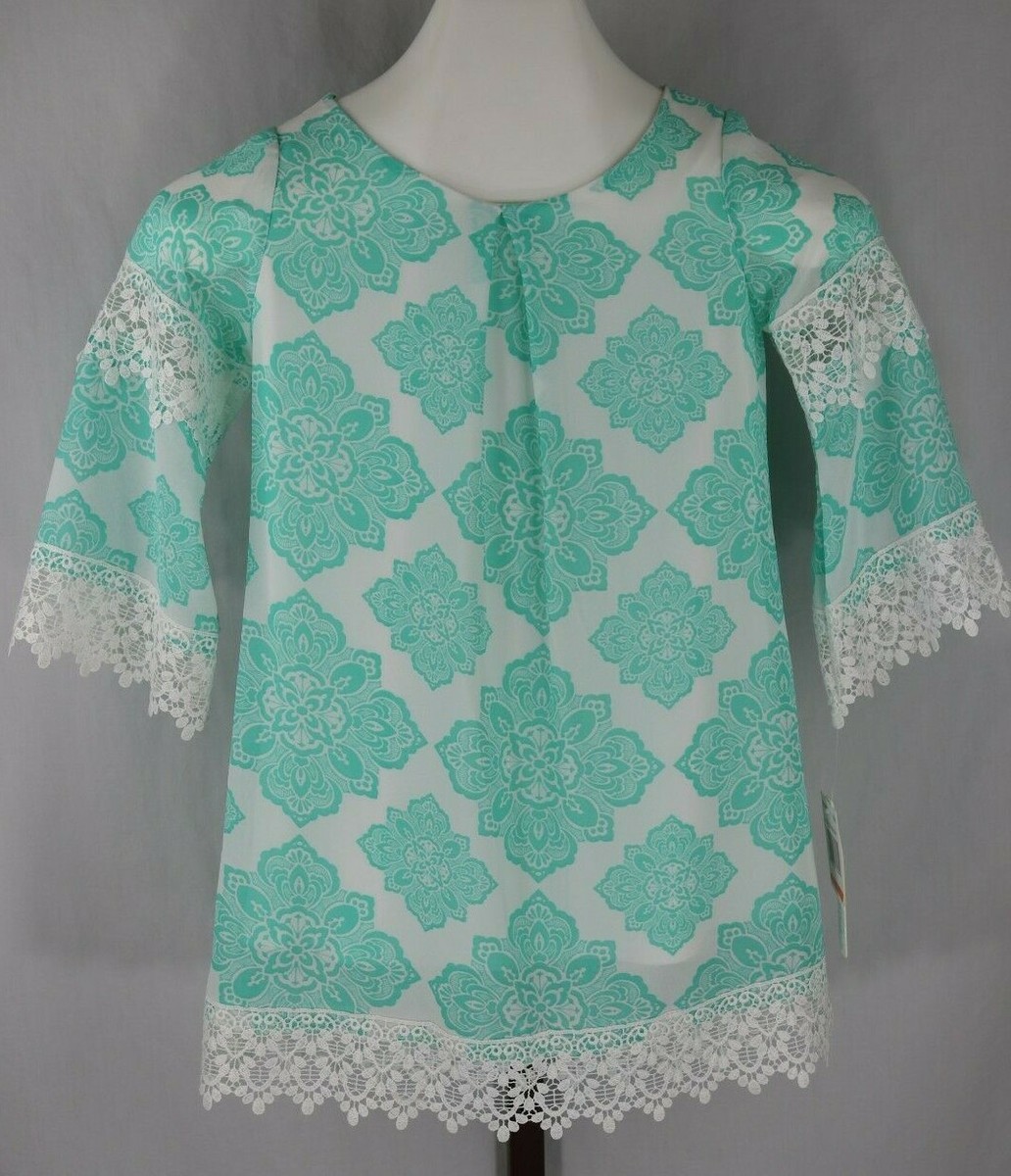 Sequin Hearts Girls White Aqua Lace Trimmed Bell Sleeve Top Dress