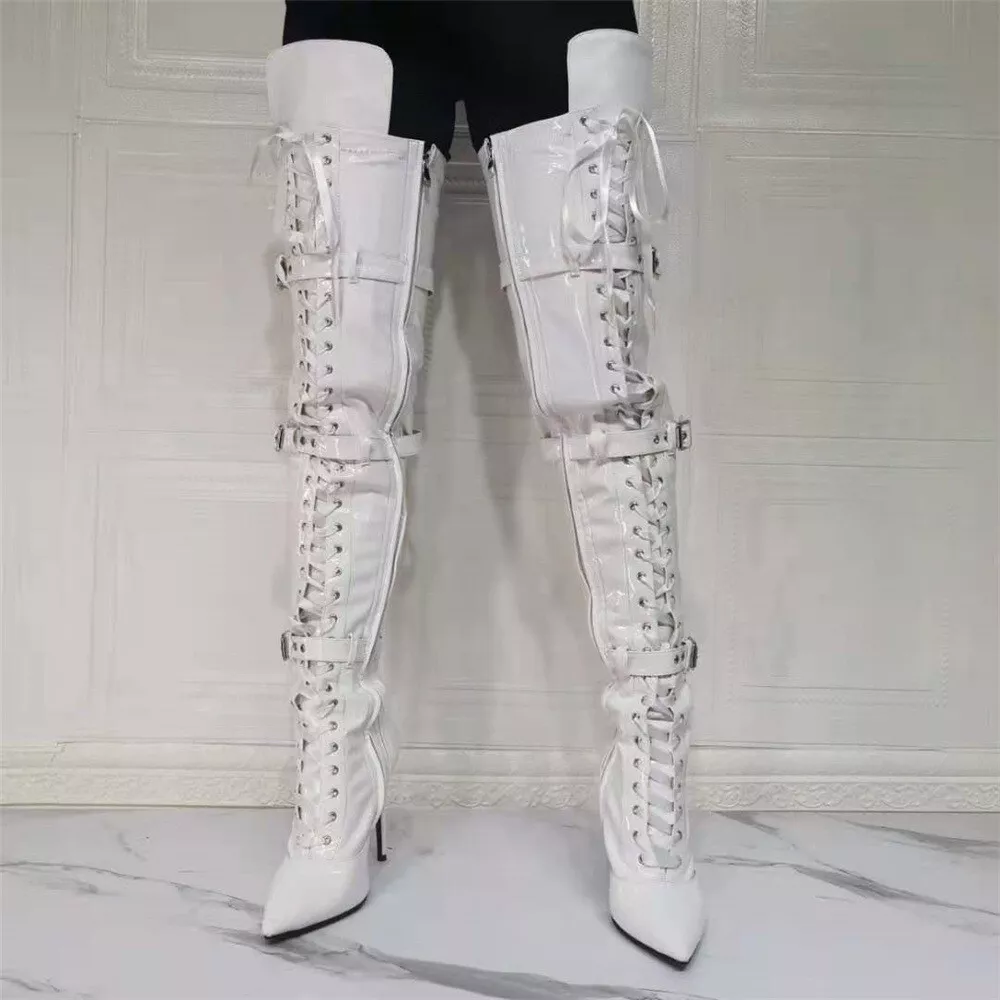 Ladies High Heel Boots Buckle Lace Up Thigh High Dagger Pump Club Suit Sexy Boot