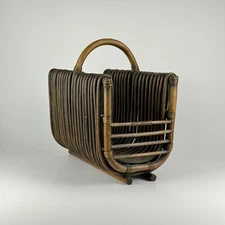 Exquisite Mid-Century Rattan Magazine Rack in Ebony Finish With Handle