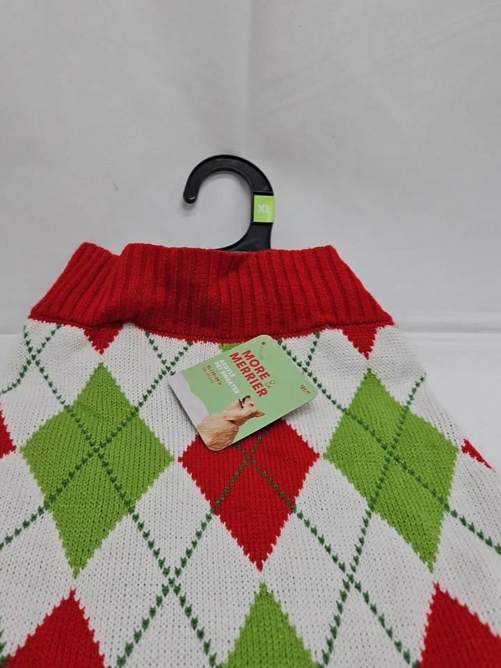 More & Merrier Christmas Red And Green Argyle Pet Sweater XL (20-24 In) - Image 2 of 4