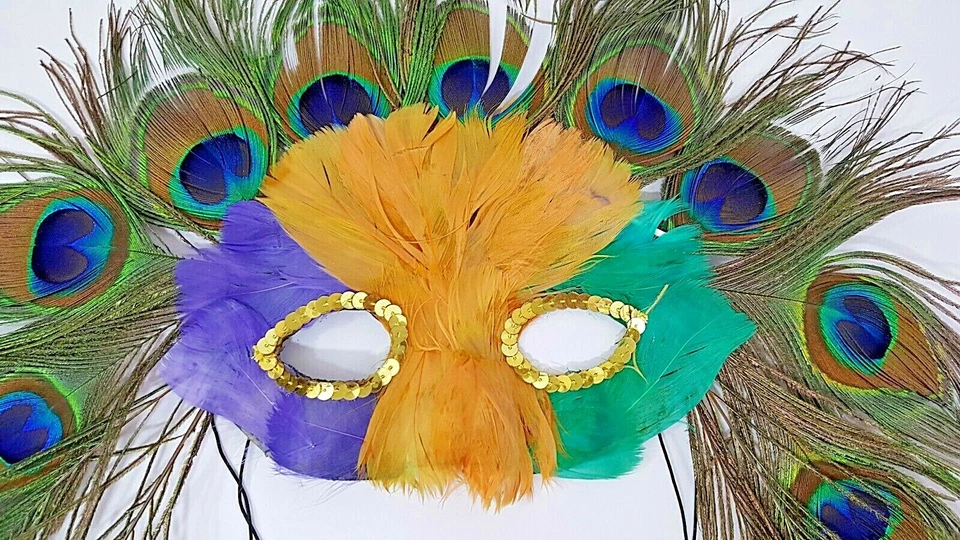 Juego de 2 máscaras de Mardi Gras de pavo real púrpura verde y dorado de Halloween Warrior Foto 4 de 4
