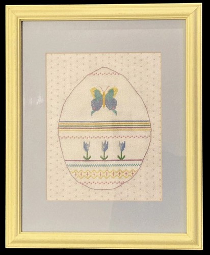Vintage Handmade Cross Stitch Butterflies Flowers Matted & Framed Nursery Easter