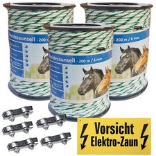 600 m Weidezaunseil 6 mm 6Niroleiter+3Kupfer+5Verbinder+Warnschild weiss-gruen