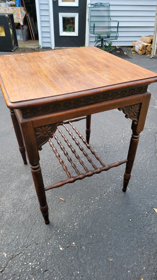 Vintage Victorian French Country Oak Side Table 24x24" Top. Spindle Shelf Signed - Image 4 of 4
