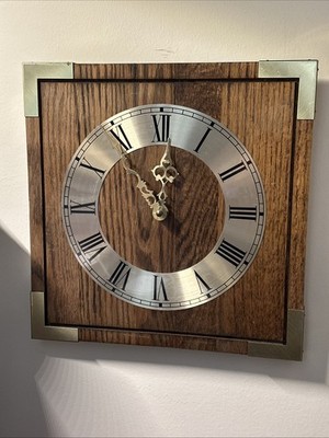VINTAGE GENUINE LINDEN QUALITY WOOD & BRASS SQUARE WALL CLOCK ROMAN NUMERALS