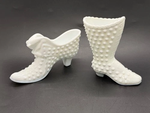 Fenton White Milk Glass Hobnail Shoe Slipper Cat Head & Laced Boot