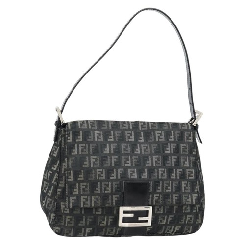FENDI Zucchino Canvas Mamma Baguette Shoulder Bag Gray Silver Auth 181399V