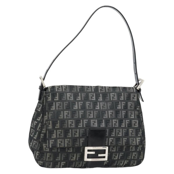 FENDI Zucchino Canvas Mamma Baguette Shoulder Bag Gray Silver Auth 181399V