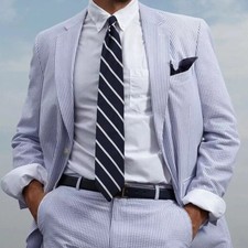 Business Seersucker Men Suits Regular Fit Office Beach Peak Lapel Jackets Pants