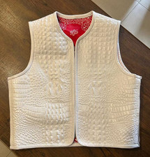 Men's White Cowhide Leather Biker Vest Embossed Conceal Carry Black White lining