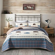  Gone Fishing Quilt Set - 2 Shams Cabin Style Outdoor Themed Fish