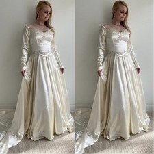 Retro Vintage Satin Wedding Dresses Long Sleeve Ruching Sweep Train Bridal Gowns