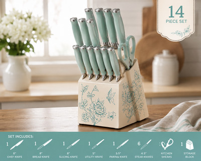 The Pioneer Woman 14-Piece Stainless Steel Knife Set w/ Floral Block