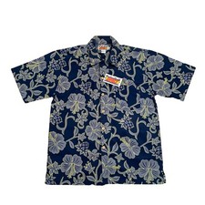 Vintage Zero Effect Blue Gray & Yellow Floral Hawaiian Button Up Shirt Sz Medium