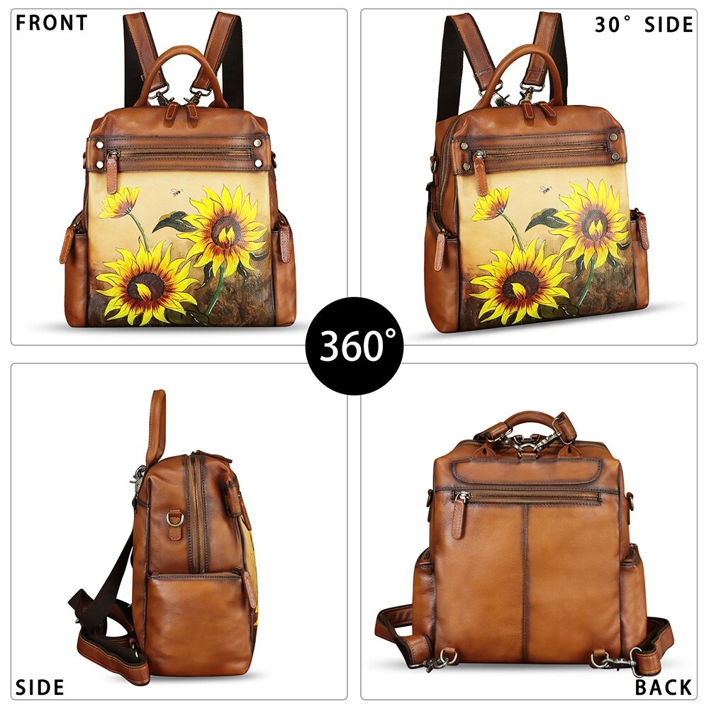 Genuine Leather Backpack Women Hand Painted Knapsack  display picture 2