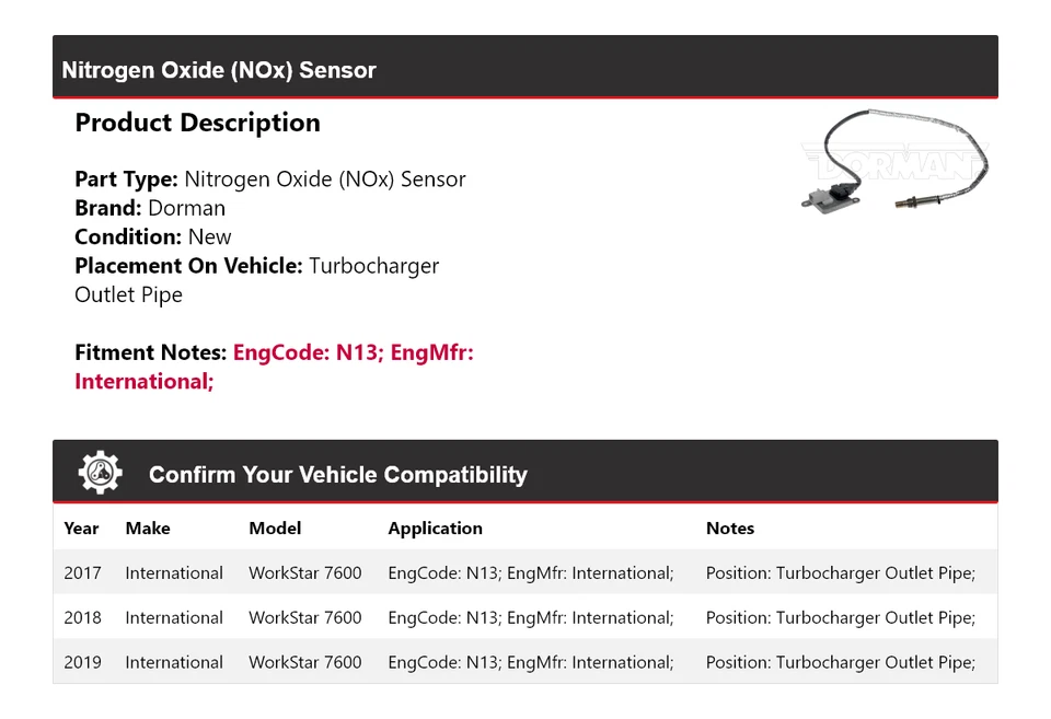 Sensor de óxido de nitrógeno (NOx) Dorman 2017-2019 International WorkStar 7600 Foto 2 de 4